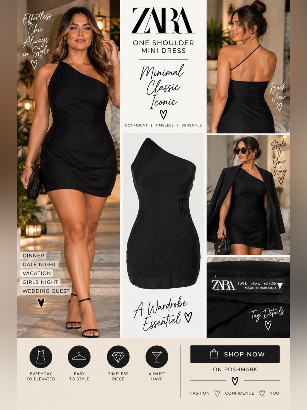 Zara Black One Shoulder Mini Dress L Asymmetrical Date Night Cocktail LBD